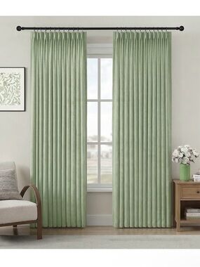 Sage Green Linen Pinch Pleated Curtains - 84 Inches Long- 2 Panels